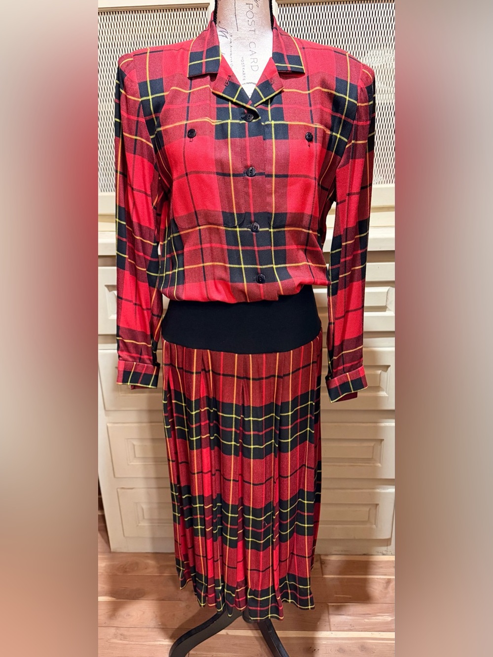 VTG 80s Ronnie Heller MJ Red Plaid Pleated Midi Dress